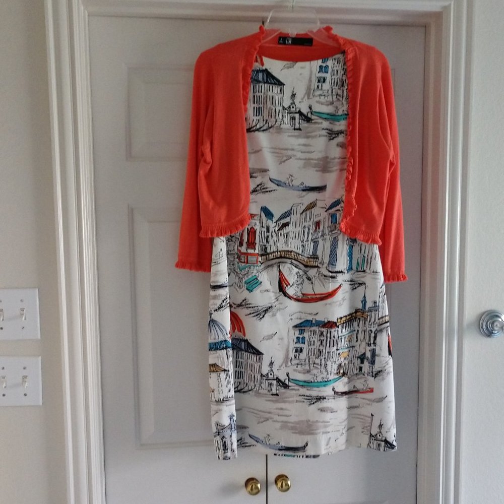 Mediterranean print sleeveless dress with shrug